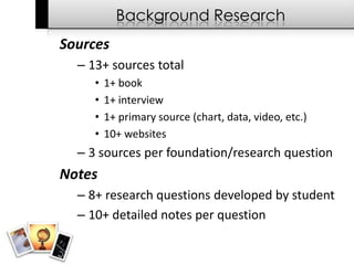 Background Research
Sources
  – 13+ sources total
     •   1+ book
     •   1+ interview
     •   1+ primary source (chart, data, video, etc.)
     •   10+ websites
  – 3 sources per foundation/research question
Notes
  – 8+ research questions developed by student
  – 10+ detailed notes per question
 