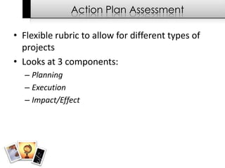 Action Plan Assessment

• Flexible rubric to allow for different types of
  projects
• Looks at 3 components:
  – Planning
  – Execution
  – Impact/Effect
 
