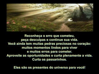 Reconheça o erro que cometeu,
         peça desculpas e continue sua vida.
 Você ainda tem muitas pedras preciosas no coração:
         muitos momentos lindos para viver
             e muitos erros para cometer.
Aproveite as oportunidades e curta plenamente a vida.
                Curta os passarinhos.

    Eles são os presentes do universo para você!
 