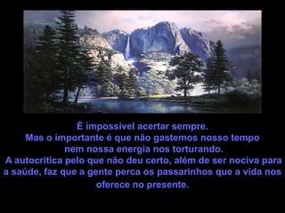 É impossível acertar sempre.
     Mas o importante é que não gastemos nosso tempo
              nem nossa energia nos torturando.
A autocrítica pelo que não deu certo, além de ser nociva para
a saúde, faz que a gente perca os passarinhos que a vida nos
                     oferece no presente.
 