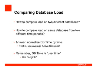 Comparing Database Load
•  How to compare load on two different databases?
•  How to compare load on same database from two
different time periods?
•  Answer: normalize DB Time by time
•  That is, use Average Active Sessions!
•  Remember, DB Time is “user time”
•  It is “fungible”
 