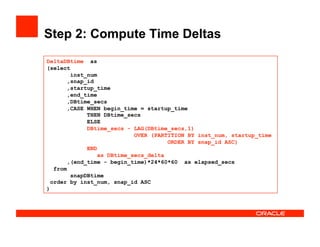 Step 2: Compute Time Deltas
DeltaDBtime as
(select
inst_num
,snap_id
,startup_time
,end_time
,DBtime_secs
,CASE WHEN begin_time = startup_time
THEN DBtime_secs
ELSE
DBtime_secs - LAG(DBtime_secs,1)
OVER (PARTITION BY inst_num, startup_time
ORDER BY snap_id ASC)
END
as DBtime_secs_delta
,(end_time - begin_time)*24*60*60 as elapsed_secs
from
snapDBtime
order by inst_num, snap_id ASC
)
 
