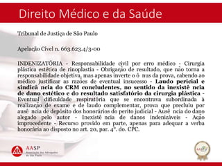 Direito Médico e da Saúde
Tribunal de Justiça de São Paulo
Apelação Cível n. 663.623.4/3-00
INDENIZATÓRIA - Responsabilidade civil por erro médico - Cirurgia
plástica estética de rinoplastia - Obrigação de resultado, que não torna a
responsabilidade objetiva, mas apenas inverte o ô nus da prova, cabendo ao
médico justificar as razões de eventual insucesso - Laudo pericial e
sindicâ ncia do CRM concludentes, no sentido da inexistê ncia
de dano estético e do resultado satisfatório da cirurgia plástica -
Eventual dificuldade respiratória que se encontrava subordinada à
realização de exame e de laudo complementar, prova que precluiu por
ausê ncia de depósito dos honorários do perito judicial - Ausê ncia do dano
alegado pelo autor - Inexistê ncia de danos indenizáveis - Ação
improcedente - Recurso provido em parte, apenas para adequar a verba
honorária ao disposto no art. 20, par. 4°. do. CPC.
 