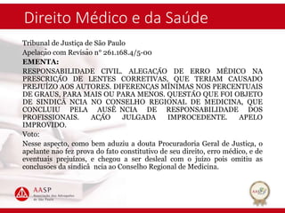 Direito Médico e da Saúde
Tribunal de Justiça de São Paulo
Apelação com Revisão n° 261.168.4/5-00
EMENTA:
RESPONSABILIDADE CIVIL. ALEGAÇÃO DE ERRO MÉDICO NA
PRESCRIÇÃO DE LENTES CORRETIVAS, QUE TERIAM CAUSADO
PREJUÍZO AOS AUTORES. DIFERENÇAS MÍNIMAS NOS PERCENTUAIS
DE GRAUS, PARA MAIS OU PARA MENOS. QUESTÃO QUE FOI OBJETO
DE SINDICÂ NCIA NO CONSELHO REGIONAL DE MEDICINA, QUE
CONCLUIU PELA AUSÊ NCIA DE RESPONSABILIDADE DOS
PROFISSIONAIS. AÇÃO JULGADA IMPROCEDENTE. APELO
IMPROVIDO.
Voto:
Nesse aspecto, como bem aduziu a douta Procuradoria Geral de Justiça, o
apelante não fez prova do fato constitutivo de seu direito, erro médico, e de
eventuais prejuízos, e chegou a ser desleal com o juízo pois omitiu as
conclusões da sindicâ ncia ao Conselho Regional de Medicina.
 