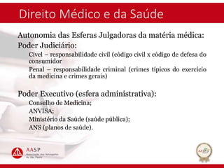 Direito Médico e da Saúde
Autonomia das Esferas Julgadoras da matéria médica:
Poder Judiciário:
Cível – responsabilidade civil (código civil x código de defesa do
consumidor
Penal – responsabilidade criminal (crimes típicos do exercício
da medicina e crimes gerais)
Poder Executivo (esfera administrativa):
Conselho de Medicina;
ANVISA;
Ministério da Saúde (saúde pública);
ANS (planos de saúde).
 
