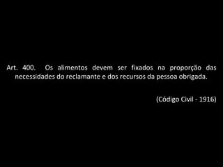 Art. 400.  Os alimentos devem ser fixados na proporção das necessidades do reclamante e dos recursos da pessoa obrigada. (Código Civil - 1916) 