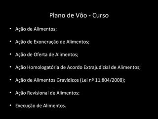 Plano de Vôo - Curso Ação de Alimentos; Ação de Exoneração de Alimentos; Ação de Oferta de Alimentos; Ação Homologatória de Acordo Extrajudicial de Alimentos; Ação de Alimentos Gravídicos (Lei nº 11.804/2008); Ação Revisional de Alimentos; Execução de Alimentos. 