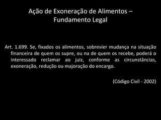 Ação de Exoneração de Alimentos – Fundamento Legal Art. 1.699. Se, fixados os alimentos, sobrevier mudança na situação financeira de quem os supre, ou na de quem os recebe, poderá o interessado reclamar ao juiz, conforme as circunstâncias, exoneração, redução ou majoração do encargo.  (Código Civil - 2002) 