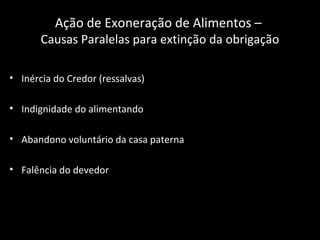 Ação de Exoneração de Alimentos –  Causas Paralelas para extinção da obrigação Inércia do Credor (ressalvas) Indignidade do alimentando Abandono voluntário da casa paterna Falência do devedor 