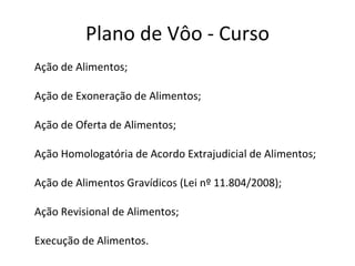 Plano de Vôo - Curso Ação de Alimentos; Ação de Exoneração de Alimentos; Ação de Oferta de Alimentos; Ação Homologatória de Acordo Extrajudicial de Alimentos; Ação de Alimentos Gravídicos (Lei nº 11.804/2008); Ação Revisional de Alimentos; Execução de Alimentos. 