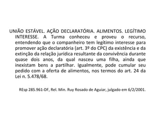UNIÃO ESTÁVEL. AÇÃO DECLARATÓRIA. ALIMENTOS. LEGÍTIMO INTERESSE. A Turma conheceu e proveu o recurso, entendendo que o companheiro tem legítimo interesse para promover ação declaratória (art. 3º do CPC) da existência e da extinção da relação jurídica resultante da convivência durante quase dois anos, da qual nasceu uma filha, ainda que inexistam bens a partilhar. Igualmente, pode cumular seu pedido com a oferta de alimentos, nos termos do art. 24 da Lei n. 5.478/68.  REsp 285.961-DF, Rel. Min. Ruy Rosado de Aguiar, julgado em 6/2/2001. 