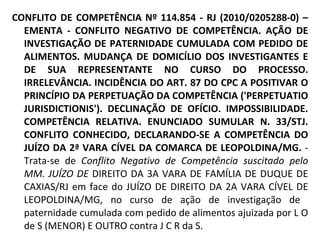 CONFLITO DE COMPETÊNCIA Nº 114.854 - RJ (2010/0205288-0) – EMENTA - CONFLITO NEGATIVO DE COMPETÊNCIA. AÇÃO DE INVESTIGAÇÃO DE PATERNIDADE CUMULADA COM PEDIDO DE ALIMENTOS. MUDANÇA DE DOMICÍLIO DOS INVESTIGANTES E DE SUA REPRESENTANTE NO CURSO DO PROCESSO. IRRELEVÂNCIA. INCIDÊNCIA DO ART. 87 DO CPC A POSITIVAR O PRINCÍPIO DA PERPETUAÇÃO DA COMPETÊNCIA ('PERPETUATIO JURISDICTIONIS'). DECLINAÇÃO DE OFÍCIO. IMPOSSIBILIDADE. COMPETÊNCIA RELATIVA. ENUNCIADO SUMULAR N. 33/STJ. CONFLITO CONHECIDO, DECLARANDO-SE A COMPETÊNCIA DO JUÍZO DA 2ª VARA CÍVEL DA COMARCA DE LEOPOLDINA/MG.  - Trata-se de  Conflito Negativo de Competência suscitado pelo MM. JUÍZO DE  DIREITO DA 3A VARA DE FAMÍLIA DE DUQUE DE CAXIAS/RJ em face do JUÍZO DE DIREITO DA 2A VARA CÍVEL DE LEOPOLDINA/MG, no curso de ação de investigação de  paternidade cumulada com pedido de alimentos ajuizada por L O de S (MENOR) E OUTRO contra J C R da S. 