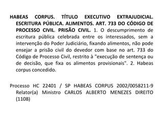 HABEAS CORPUS. TÍTULO EXECUTIVO EXTRAJUDICIAL. ESCRITURA PÚBLICA. ALIMENTOS. ART. 733 DO CÓDIGO DE PROCESSO CIVIL .  PRISÃO CIVIL.  1. O descumprimento de escritura pública celebrada entre os interessados, sem a intervenção do Poder Judiciário, fixando alimentos, não pode ensejar a prisão civil do devedor com base no art. 733 do Código de Processo Civil, restrito à "execução de sentença ou de decisão, que fixa os alimentos provisionais". 2. Habeas corpus concedido. Processo HC 22401 / SP HABEAS CORPUS 2002/0058211-9 Relator(a) Ministro CARLOS ALBERTO MENEZES DIREITO (1108)  