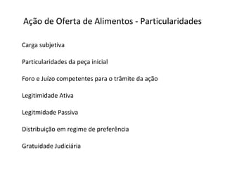 Ação de Oferta de Alimentos - Particularidades Carga subjetiva Particularidades da peça inicial Foro e Juízo competentes para o trâmite da ação Legitimidade Ativa Legitmidade Passiva Distribuição em regime de preferência Gratuidade Judiciária 