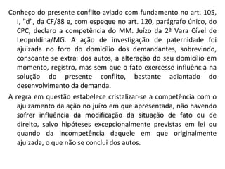 Conheço do presente conflito aviado com fundamento no art. 105, I, "d", da CF/88 e, com espeque no art. 120, parágrafo único, do CPC, declaro a competência do MM. Juízo da 2ª Vara Cível de Leopoldina/MG. A ação de investigação de paternidade foi ajuizada no foro do domicílio dos demandantes, sobrevindo, consoante se extrai dos autos, a alteração do seu domicílio em momento, registro, mas sem que o fato exercesse influência na solução do presente conflito, bastante adiantado do desenvolvimento da demanda. A regra em questão estabelece cristalizar-se a competência com o ajuizamento da ação no juízo em que apresentada, não havendo sofrer influência da modificação da situação de fato ou de direito, salvo hipóteses excepcionalmente previstas em lei ou quando da incompetência daquele em que originalmente ajuizada, o que não se conclui dos autos. 