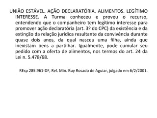 UNIÃO ESTÁVEL. AÇÃO DECLARATÓRIA. ALIMENTOS. LEGÍTIMO INTERESSE. A Turma conheceu e proveu o recurso, entendendo que o companheiro tem legítimo interesse para promover ação declaratória (art. 3º do CPC) da existência e da extinção da relação jurídica resultante da convivência durante quase dois anos, da qual nasceu uma filha, ainda que inexistam bens a partilhar. Igualmente, pode cumular seu pedido com a oferta de alimentos, nos termos do art. 24 da Lei n. 5.478/68.  REsp 285.961-DF, Rel. Min. Ruy Rosado de Aguiar, julgado em 6/2/2001. 
