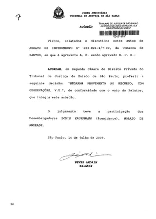 PODER JUDICIÁRIO
                             TRIBUNAL DE JUSTIÇA DE SÃO PAULO

                                                        TRIBUNAL DE JUSTIÇA DE SÃO PAULO
                                        aróunãn             ACÓRDÃO/DECISÃO MONOCRÁTICA
                                     ftV,UWAU
                                                                REGISTRADO(A) SOB N°


                                                                    *02431579*
            Vistos,        relatados        e    discutidos          estes autos           de

AGRAVO     DE    INSTRUMENTO       n°     623.826-4/7-00,               da   Comarca       de

SANTOS, em que é agravante A. B. sendo agravado E. C. B.:



            ACORDAM,       em Segunda Câmara de Direito Privado do

Tribunal    de     Justiça    do    Estado        de    São       Paulo,     proferir       a

seguinte        decisão:     "NEGARAM           PROVIMENTO         AO    RECURSO,         COM

OBSERVAÇÕES, V.U.", de conformidade com o voto do Relator,

que integra este acórdão.



            O       julgamento            teve          a        participação             dos

Desembargadores       BORIS        KAUFFMANN           (Presidente),         MORATO        DE

ANDRADE.


            São Paulo, 14 de julho de 2009.




                                NEVES AMORIM
                                   Relator
 