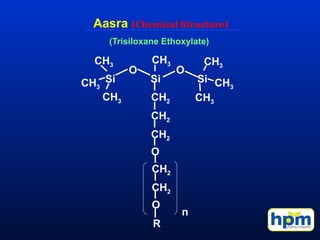 Si Si Si
O O
CH2
R
O
CH2
CH2
O
CH2
CH2
CH3
CH3
CH3
CH3
n
CH3
CH3
CH3
Aasra (Chemical Structure)
(Trisiloxane Ethoxylate)
 