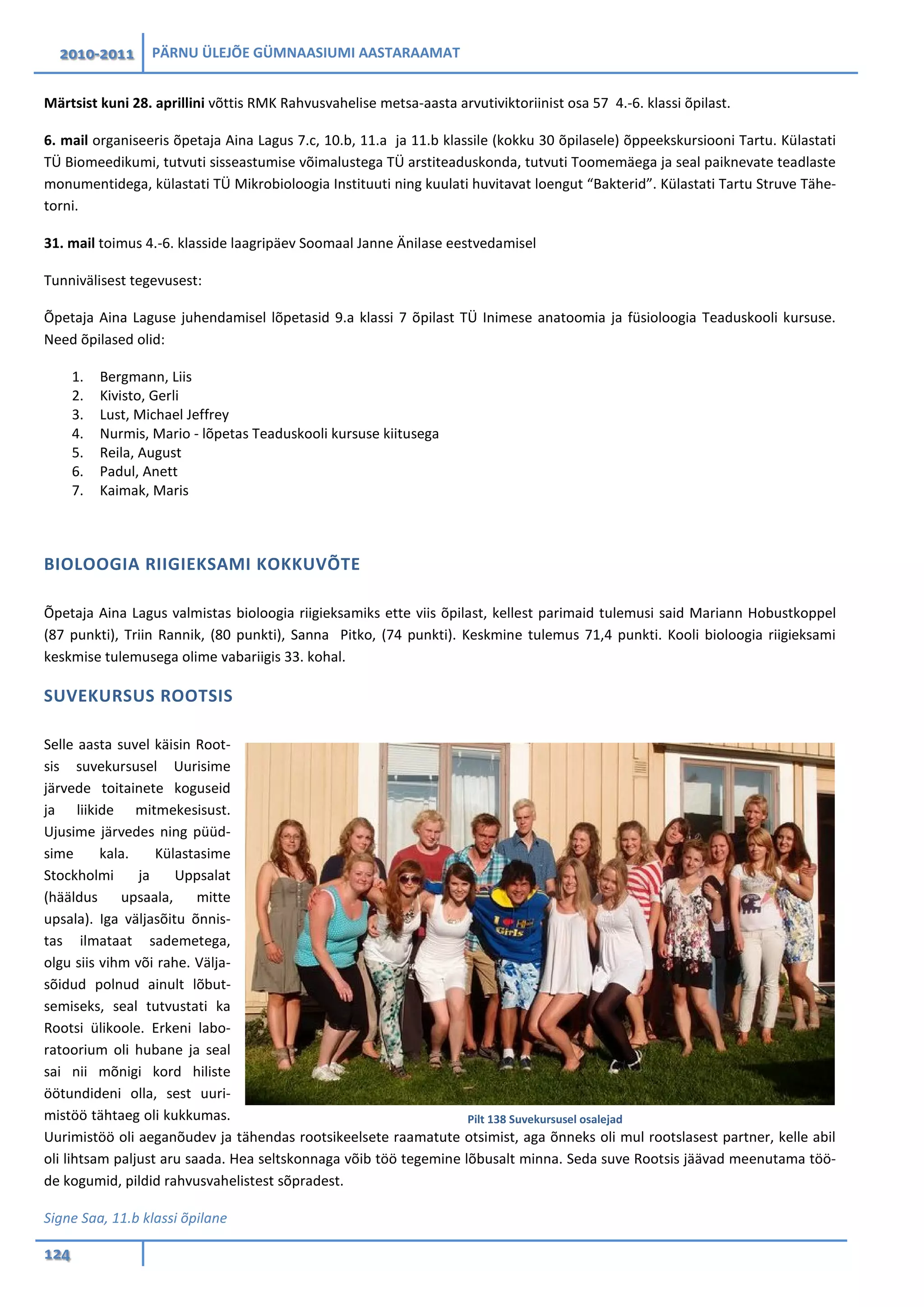 2010-2011 PÄRNU ÜLEJÕE GÜMNAASIUMI AASTARAAMAT
124
Märtsist kuni 28. aprillini võttis RMK Rahvusvahelise metsa-aasta arvutiviktoriinist osa 57 4.-6. klassi õpilast.
6. mail organiseeris õpetaja Aina Lagus 7.c, 10.b, 11.a ja 11.b klassile (kokku 30 õpilasele) õppeekskursiooni Tartu. Külastati
TÜ Biomeedikumi, tutvuti sisseastumise võimalustega TÜ arstiteaduskonda, tutvuti Toomemäega ja seal paiknevate teadlaste
monumentidega, külastati TÜ Mikrobioloogia Instituuti ning kuulati huvitavat loengut “Bakterid”. Külastati Tartu Struve Tähe-
torni.
31. mail toimus 4.-6. klasside laagripäev Soomaal Janne Änilase eestvedamisel
Tunnivälisest tegevusest:
Õpetaja Aina Laguse juhendamisel lõpetasid 9.a klassi 7 õpilast TÜ Inimese anatoomia ja füsioloogia Teaduskooli kursuse.
Need õpilased olid:
1. Bergmann, Liis
2. Kivisto, Gerli
3. Lust, Michael Jeffrey
4. Nurmis, Mario - lõpetas Teaduskooli kursuse kiitusega
5. Reila, August
6. Padul, Anett
7. Kaimak, Maris
BIOLOOGIA RIIGIEKSAMI KOKKUVÕTE
Õpetaja Aina Lagus valmistas bioloogia riigieksamiks ette viis õpilast, kellest parimaid tulemusi said Mariann Hobustkoppel
(87 punkti), Triin Rannik, (80 punkti), Sanna Pitko, (74 punkti). Keskmine tulemus 71,4 punkti. Kooli bioloogia riigieksami
keskmise tulemusega olime vabariigis 33. kohal.
SUVEKURSUS ROOTSIS
Selle aasta suvel käisin Root-
sis suvekursusel Uurisime
järvede toitainete koguseid
ja liikide mitmekesisust.
Ujusime järvedes ning püüd-
sime kala. Külastasime
Stockholmi ja Uppsalat
(hääldus upsaala, mitte
upsala). Iga väljasõitu õnnis-
tas ilmataat sademetega,
olgu siis vihm või rahe. Välja-
sõidud polnud ainult lõbut-
semiseks, seal tutvustati ka
Rootsi ülikoole. Erkeni labo-
ratoorium oli hubane ja seal
sai nii mõnigi kord hiliste
öötundideni olla, sest uuri-
mistöö tähtaeg oli kukkumas.
Uurimistöö oli aeganõudev ja tähendas rootsikeelsete raamatute otsimist, aga õnneks oli mul rootslasest partner, kelle abil
oli lihtsam paljust aru saada. Hea seltskonnaga võib töö tegemine lõbusalt minna. Seda suve Rootsis jäävad meenutama töö-
de kogumid, pildid rahvusvahelistest sõpradest.
Signe Saa, 11.b klassi õpilane
Pilt 138 Suvekursusel osalejad
 