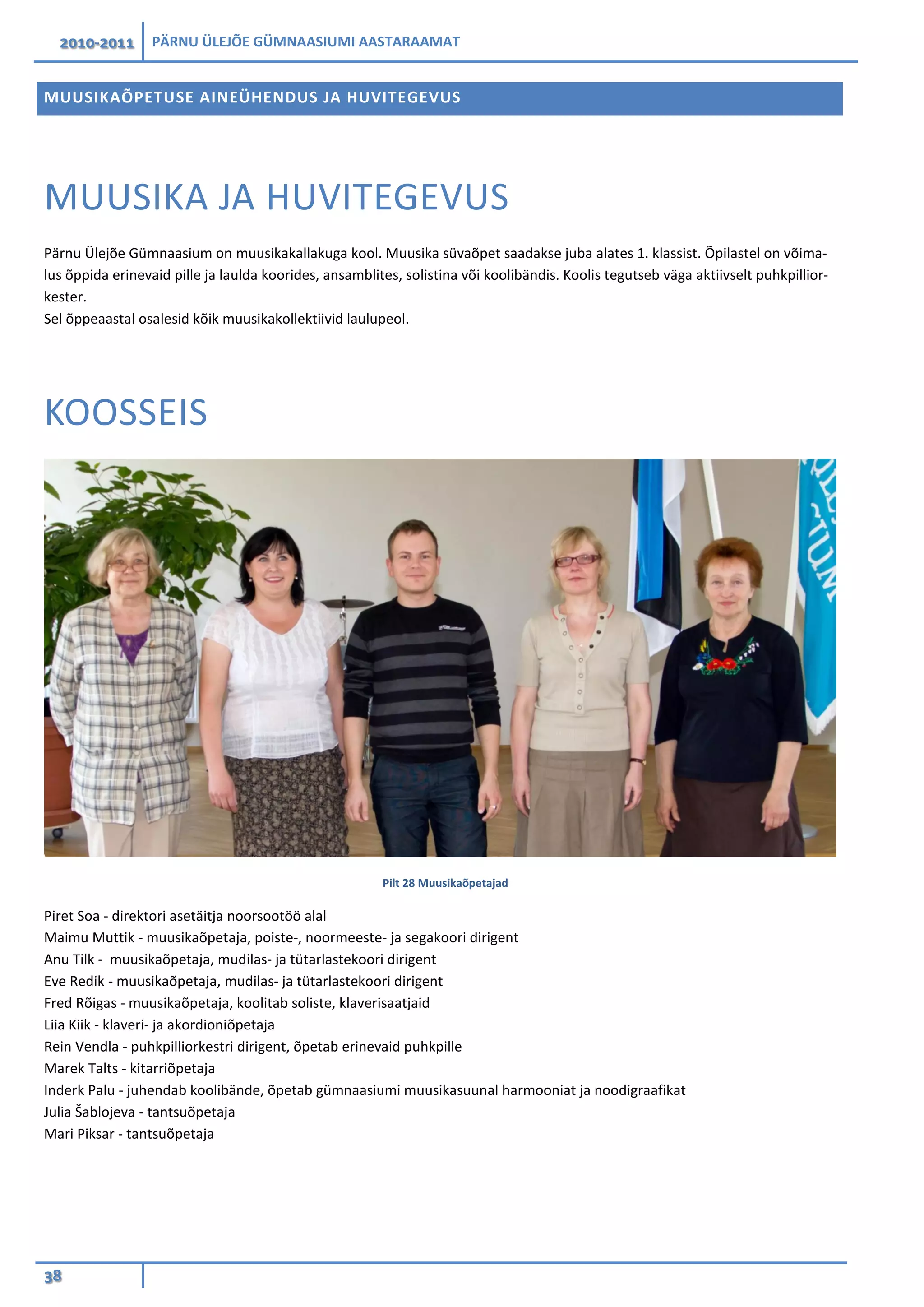 2010-2011 PÄRNU ÜLEJÕE GÜMNAASIUMI AASTARAAMAT
38
MUUSIKAÕPETUSE AINEÜHENDUS JA HUVITEGEVUS
MUUSIKA JA HUVITEGEVUS
Pärnu Ülejõe Gümnaasium on muusikakallakuga kool. Muusika süvaõpet saadakse juba alates 1. klassist. Õpilastel on võima-
lus õppida erinevaid pille ja laulda koorides, ansamblites, solistina või koolibändis. Koolis tegutseb väga aktiivselt puhkpillior-
kester.
Sel õppeaastal osalesid kõik muusikakollektiivid laulupeol.
KOOSSEIS
Pilt 28 Muusikaõpetajad
Piret Soa - direktori asetäitja noorsootöö alal
Maimu Muttik - muusikaõpetaja, poiste-, noormeeste- ja segakoori dirigent
Anu Tilk - muusikaõpetaja, mudilas- ja tütarlastekoori dirigent
Eve Redik - muusikaõpetaja, mudilas- ja tütarlastekoori dirigent
Fred Rõigas - muusikaõpetaja, koolitab soliste, klaverisaatjaid
Liia Kiik - klaveri- ja akordioniõpetaja
Rein Vendla - puhkpilliorkestri dirigent, õpetab erinevaid puhkpille
Marek Talts - kitarriõpetaja
Inderk Palu - juhendab koolibände, õpetab gümnaasiumi muusikasuunal harmooniat ja noodigraafikat
Julia Šablojeva - tantsuõpetaja
Mari Piksar - tantsuõpetaja
 