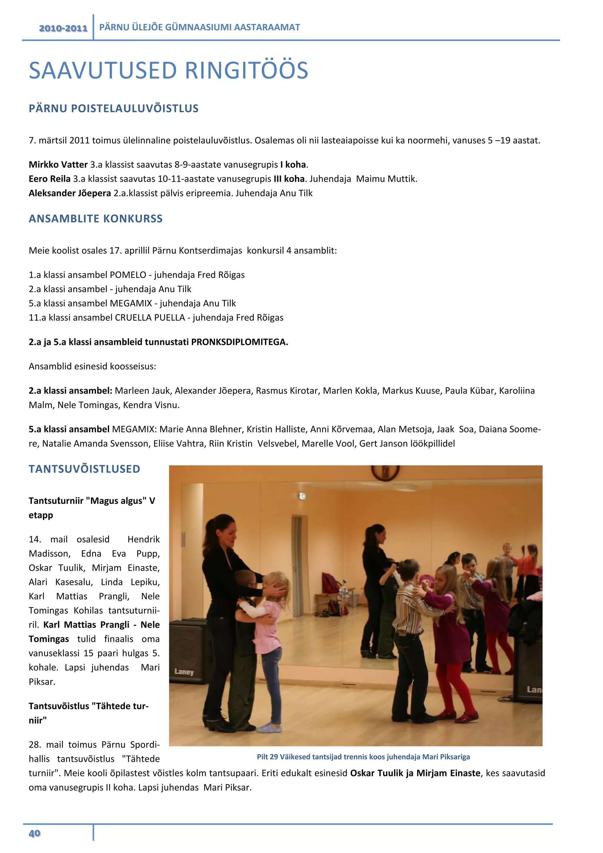 2010-2011 PÄRNU ÜLEJÕE GÜMNAASIUMI AASTARAAMAT
40
SAAVUTUSED RINGITÖÖS
PÄRNU POISTELAULUVÕISTLUS
7. märtsil 2011 toimus ülelinnaline poistelauluvõistlus. Osalemas oli nii lasteaiapoisse kui ka noormehi, vanuses 5 –19 aastat.
Mirkko Vatter 3.a klassist saavutas 8-9-aastate vanusegrupis I koha.
Eero Reila 3.a klassist saavutas 10-11-aastate vanusegrupis III koha. Juhendaja Maimu Muttik.
Aleksander Jõepera 2.a.klassist pälvis eripreemia. Juhendaja Anu Tilk
ANSAMBLITE KONKURSS
Meie koolist osales 17. aprillil Pärnu Kontserdimajas konkursil 4 ansamblit:
1.a klassi ansambel POMELO - juhendaja Fred Rõigas
2.a klassi ansambel - juhendaja Anu Tilk
5.a klassi ansambel MEGAMIX - juhendaja Anu Tilk
11.a klassi ansambel CRUELLA PUELLA - juhendaja Fred Rõigas
2.a ja 5.a klassi ansambleid tunnustati PRONKSDIPLOMITEGA.
Ansamblid esinesid koosseisus:
2.a klassi ansambel: Marleen Jauk, Alexander Jõepera, Rasmus Kirotar, Marlen Kokla, Markus Kuuse, Paula Kübar, Karoliina
Malm, Nele Tomingas, Kendra Visnu.
5.a klassi ansambel MEGAMIX: Marie Anna Blehner, Kristin Halliste, Anni Kõrvemaa, Alan Metsoja, Jaak Soa, Daiana Soome-
re, Natalie Amanda Svensson, Eliise Vahtra, Riin Kristin Velsvebel, Marelle Vool, Gert Janson löökpillidel
TANTSUVÕISTLUSED
Tantsuturniir "Magus algus" V
etapp
14. mail osalesid Hendrik
Madisson, Edna Eva Pupp,
Oskar Tuulik, Mirjam Einaste,
Alari Kasesalu, Linda Lepiku,
Karl Mattias Prangli, Nele
Tomingas Kohilas tantsuturnii-
ril. Karl Mattias Prangli - Nele
Tomingas tulid finaalis oma
vanuseklassi 15 paari hulgas 5.
kohale. Lapsi juhendas Mari
Piksar.
Tantsuvõistlus "Tähtede tur-
niir"
28. mail toimus Pärnu Spordi-
hallis tantsuvõistlus "Tähtede
turniir". Meie kooli õpilastest võistles kolm tantsupaari. Eriti edukalt esinesid Oskar Tuulik ja Mirjam Einaste, kes saavutasid
oma vanusegrupis II koha. Lapsi juhendas Mari Piksar.
Pilt 29 Väikesed tantsijad trennis koos juhendaja Mari Piksariga
 