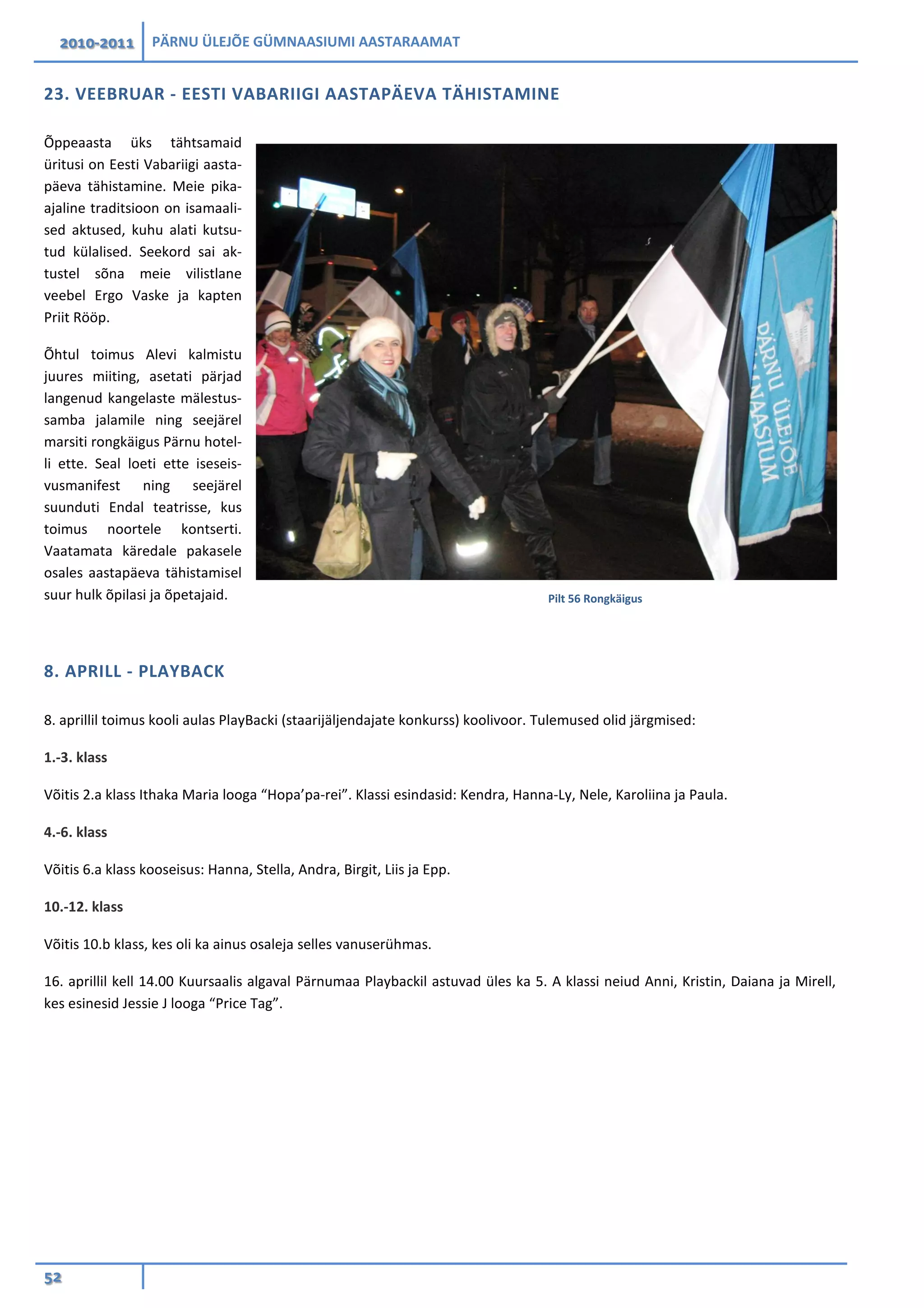 2010-2011 PÄRNU ÜLEJÕE GÜMNAASIUMI AASTARAAMAT
52
23. VEEBRUAR - EESTI VABARIIGI AASTAPÄEVA TÄHISTAMINE
Õppeaasta üks tähtsamaid
üritusi on Eesti Vabariigi aasta-
päeva tähistamine. Meie pika-
ajaline traditsioon on isamaali-
sed aktused, kuhu alati kutsu-
tud külalised. Seekord sai ak-
tustel sõna meie vilistlane
veebel Ergo Vaske ja kapten
Priit Rööp.
Õhtul toimus Alevi kalmistu
juures miiting, asetati pärjad
langenud kangelaste mälestus-
samba jalamile ning seejärel
marsiti rongkäigus Pärnu hotel-
li ette. Seal loeti ette iseseis-
vusmanifest ning seejärel
suunduti Endal teatrisse, kus
toimus noortele kontserti.
Vaatamata käredale pakasele
osales aastapäeva tähistamisel
suur hulk õpilasi ja õpetajaid.
8. APRILL - PLAYBACK
8. aprillil toimus kooli aulas PlayBacki (staarijäljendajate konkurss) koolivoor. Tulemused olid järgmised:
1.-3. klass
Võitis 2.a klass Ithaka Maria looga “Hopa’pa-rei”. Klassi esindasid: Kendra, Hanna-Ly, Nele, Karoliina ja Paula.
4.-6. klass
Võitis 6.a klass kooseisus: Hanna, Stella, Andra, Birgit, Liis ja Epp.
10.-12. klass
Võitis 10.b klass, kes oli ka ainus osaleja selles vanuserühmas.
16. aprillil kell 14.00 Kuursaalis algaval Pärnumaa Playbackil astuvad üles ka 5. A klassi neiud Anni, Kristin, Daiana ja Mirell,
kes esinesid Jessie J looga “Price Tag”.
Pilt 56 Rongkäigus
 