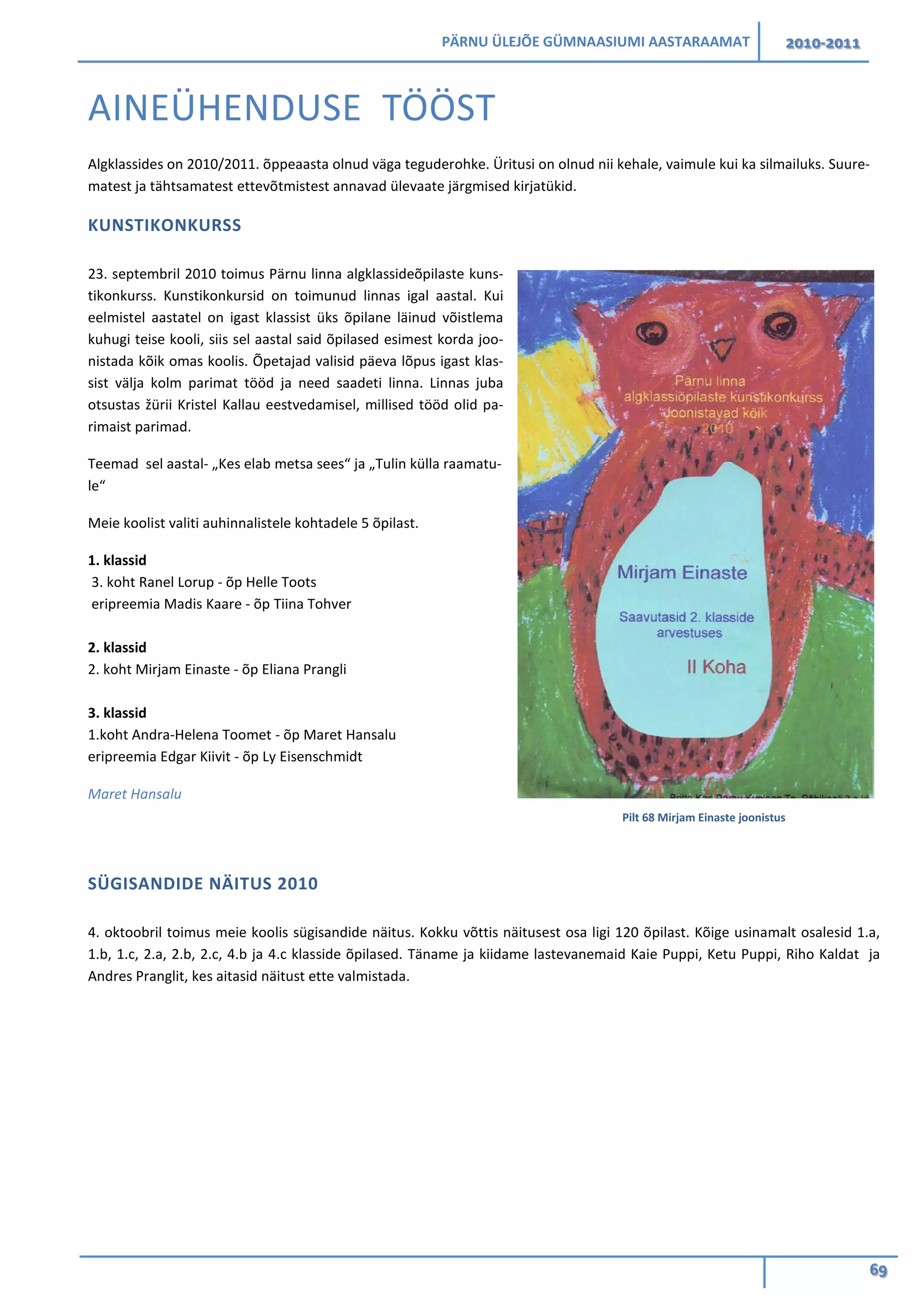 PÄRNU ÜLEJÕE GÜMNAASIUMI AASTARAAMAT 2010-2011
69
AINEÜHENDUSE TÖÖST
Algklassides on 2010/2011. õppeaasta olnud väga teguderohke. Üritusi on olnud nii kehale, vaimule kui ka silmailuks. Suure-
matest ja tähtsamatest ettevõtmistest annavad ülevaate järgmised kirjatükid.
KUNSTIKONKURSS
23. septembril 2010 toimus Pärnu linna algklassideõpilaste kuns-
tikonkurss. Kunstikonkursid on toimunud linnas igal aastal. Kui
eelmistel aastatel on igast klassist üks õpilane läinud võistlema
kuhugi teise kooli, siis sel aastal said õpilased esimest korda joo-
nistada kõik omas koolis. Õpetajad valisid päeva lõpus igast klas-
sist välja kolm parimat tööd ja need saadeti linna. Linnas juba
otsustas žürii Kristel Kallau eestvedamisel, millised tööd olid pa-
rimaist parimad.
Teemad sel aastal- „Kes elab metsa sees“ ja „Tulin külla raamatu-
le“
Meie koolist valiti auhinnalistele kohtadele 5 õpilast.
1. klassid
3. koht Ranel Lorup - õp Helle Toots
eripreemia Madis Kaare - õp Tiina Tohver
2. klassid
2. koht Mirjam Einaste - õp Eliana Prangli
3. klassid
1.koht Andra-Helena Toomet - õp Maret Hansalu
eripreemia Edgar Kiivit - õp Ly Eisenschmidt
Maret Hansalu
SÜGISANDIDE NÄITUS 2010
4. oktoobril toimus meie koolis sügisandide näitus. Kokku võttis näitusest osa ligi 120 õpilast. Kõige usinamalt osalesid 1.a,
1.b, 1.c, 2.a, 2.b, 2.c, 4.b ja 4.c klasside õpilased. Täname ja kiidame lastevanemaid Kaie Puppi, Ketu Puppi, Riho Kaldat ja
Andres Pranglit, kes aitasid näitust ette valmistada.
Pilt 68 Mirjam Einaste joonistus
 