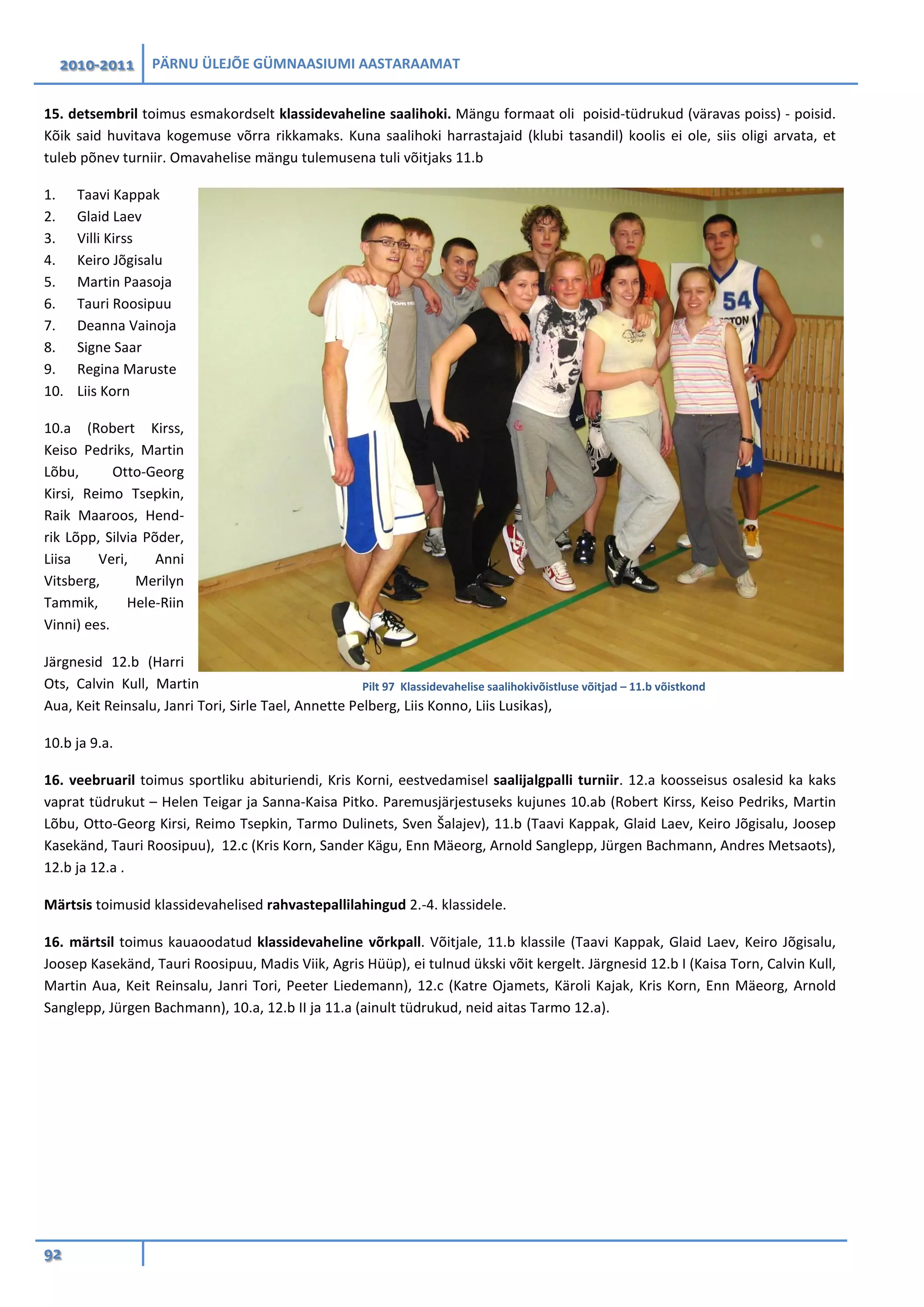 2010-2011 PÄRNU ÜLEJÕE GÜMNAASIUMI AASTARAAMAT
92
15. detsembril toimus esmakordselt klassidevaheline saalihoki. Mängu formaat oli poisid-tüdrukud (väravas poiss) - poisid.
Kõik said huvitava kogemuse võrra rikkamaks. Kuna saalihoki harrastajaid (klubi tasandil) koolis ei ole, siis oligi arvata, et
tuleb põnev turniir. Omavahelise mängu tulemusena tuli võitjaks 11.b
1. Taavi Kappak
2. Glaid Laev
3. Villi Kirss
4. Keiro Jõgisalu
5. Martin Paasoja
6. Tauri Roosipuu
7. Deanna Vainoja
8. Signe Saar
9. Regina Maruste
10. Liis Korn
10.a (Robert Kirss,
Keiso Pedriks, Martin
Lõbu, Otto-Georg
Kirsi, Reimo Tsepkin,
Raik Maaroos, Hend-
rik Lõpp, Silvia Põder,
Liisa Veri, Anni
Vitsberg, Merilyn
Tammik, Hele-Riin
Vinni) ees.
Järgnesid 12.b (Harri
Ots, Calvin Kull, Martin
Aua, Keit Reinsalu, Janri Tori, Sirle Tael, Annette Pelberg, Liis Konno, Liis Lusikas),
10.b ja 9.a.
16. veebruaril toimus sportliku abituriendi, Kris Korni, eestvedamisel saalijalgpalli turniir. 12.a koosseisus osalesid ka kaks
vaprat tüdrukut – Helen Teigar ja Sanna-Kaisa Pitko. Paremusjärjestuseks kujunes 10.ab (Robert Kirss, Keiso Pedriks, Martin
Lõbu, Otto-Georg Kirsi, Reimo Tsepkin, Tarmo Dulinets, Sven Šalajev), 11.b (Taavi Kappak, Glaid Laev, Keiro Jõgisalu, Joosep
Kasekänd, Tauri Roosipuu), 12.c (Kris Korn, Sander Kägu, Enn Mäeorg, Arnold Sanglepp, Jürgen Bachmann, Andres Metsaots),
12.b ja 12.a .
Märtsis toimusid klassidevahelised rahvastepallilahingud 2.-4. klassidele.
16. märtsil toimus kauaoodatud klassidevaheline võrkpall. Võitjale, 11.b klassile (Taavi Kappak, Glaid Laev, Keiro Jõgisalu,
Joosep Kasekänd, Tauri Roosipuu, Madis Viik, Agris Hüüp), ei tulnud ükski võit kergelt. Järgnesid 12.b I (Kaisa Torn, Calvin Kull,
Martin Aua, Keit Reinsalu, Janri Tori, Peeter Liedemann), 12.c (Katre Ojamets, Käroli Kajak, Kris Korn, Enn Mäeorg, Arnold
Sanglepp, Jürgen Bachmann), 10.a, 12.b II ja 11.a (ainult tüdrukud, neid aitas Tarmo 12.a).
Pilt 97 Klassidevahelise saalihokivõistluse võitjad – 11.b võistkond
 