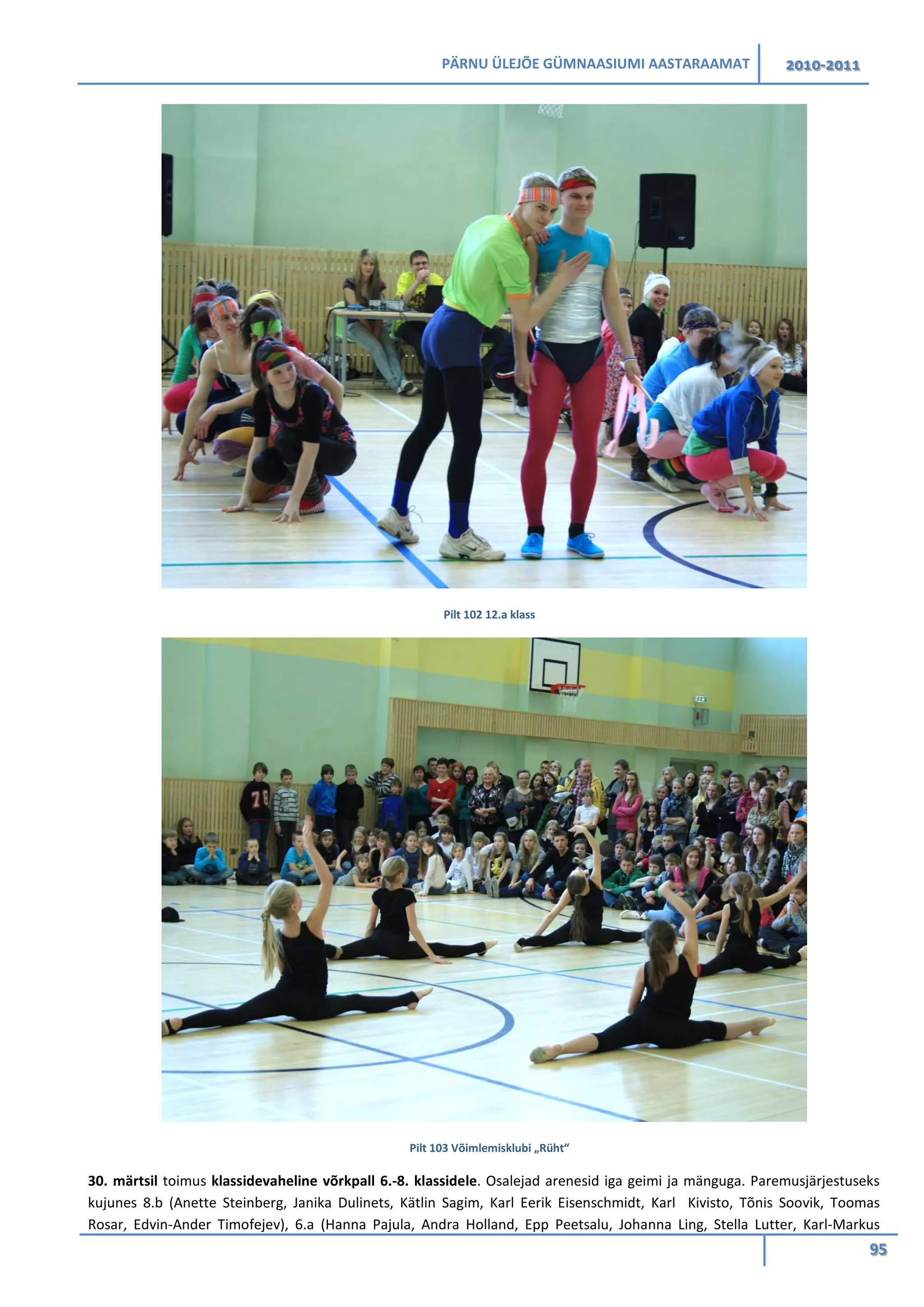 PÄRNU ÜLEJÕE GÜMNAASIUMI AASTARAAMAT 2010-2011
95
Pilt 102 12.a klass
Pilt 103 Võimlemisklubi „Rüht“
30. märtsil toimus klassidevaheline võrkpall 6.-8. klassidele. Osalejad arenesid iga geimi ja mänguga. Paremusjärjestuseks
kujunes 8.b (Anette Steinberg, Janika Dulinets, Kätlin Sagim, Karl Eerik Eisenschmidt, Karl Kivisto, Tõnis Soovik, Toomas
Rosar, Edvin-Ander Timofejev), 6.a (Hanna Pajula, Andra Holland, Epp Peetsalu, Johanna Ling, Stella Lutter, Karl-Markus
 