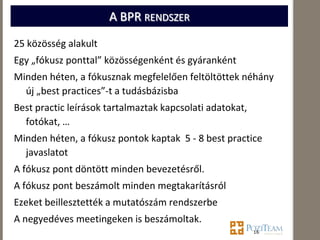 A BPR RENDSZER
25 közösség alakult
Egy „fókusz ponttal” közösségenként és gyáranként
Minden héten, a fókusznak megfelelően feltöltöttek néhány
  új „best practices”-t a tudásbázisba
Best practic leírások tartalmaztak kapcsolati adatokat,
  fotókat, …
Minden héten, a fókusz pontok kaptak 5 - 8 best practice
  javaslatot
A fókusz pont döntött minden bevezetésről.
A fókusz pont beszámolt minden megtakarításról
Ezeket beillesztették a mutatószám rendszerbe
A negyedéves meetingeken is beszámoltak.
                                                          16
 