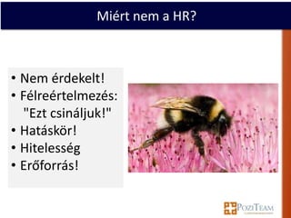 Miért nem a HR?



• Nem érdekelt!
• Félreértelmezés:
  "Ezt csináljuk!"
• Hatáskör!
• Hitelesség
• Erőforrás!
 