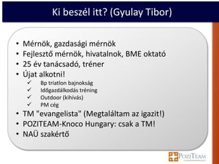 Ki beszél itt? (Gyulay Tibor)

•   Mérnök, gazdasági mérnök
•   Fejlesztő mérnök, hivatalnok, BME oktató
•   25 év tanácsadó, tréner
•   Újat alkotni!
        Bp triatlon bajnokság
        Időgazdálkodás tréning
        Outdoor (kihívás)
        PM cég
• TM "evangelista" (Megtaláltam az igazit!)
• POZITEAM-Knoco Hungary: csak a TM!
• NAÜ szakértő
 