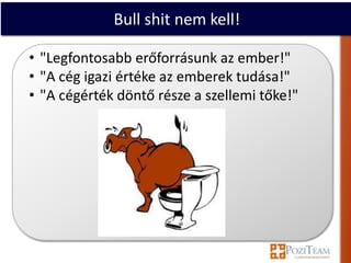 Bull shit nem kell!

• "Legfontosabb erőforrásunk az ember!"
• "A cég igazi értéke az emberek tudása!"
• "A cégérték döntő része a szellemi tőke!"
 