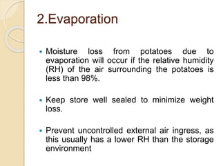 2.Evaporation
 Moisture loss from potatoes due to
evaporation will occur if the relative humidity
(RH) of the air surrounding the potatoes is
less than 98%.
 Keep store well sealed to minimize weight
loss.
 Prevent uncontrolled external air ingress, as
this usually has a lower RH than the storage
environment
 