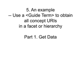 5. An example 
-- Use a <Guide Term> to obtain 
all concept URIs 
in a facet or hierarchy 
Part 1. Get Data 
 