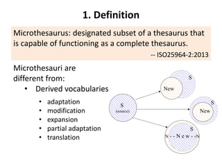1. Definition 
Microthesaurus: designated subset of a thesaurus that 
is capable of functioning as a complete thesaurus. 
-- ISO25964-2:2013 
Microthesauri are 
different from: 
• Derived vocabularies 
S 
(source) 
S 
S 
S 
New 
New 
N - - N e w - -N 
Derivation/Modeling 
• adaptation 
• modification 
• expansion 
• partial adaptation 
• translation 
 