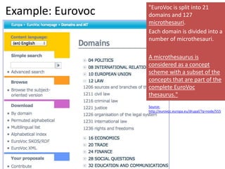 Example: Eurovoc "EuroVoc is split into 21 
domains and 127 
microthesauri. 
Each domain is divided into a 
number of microthesauri. 
A microthesaurus is 
considered as a concept 
scheme with a subset of the 
concepts that are part of the 
complete EuroVoc 
thesaurus." 
Source: 
http://eurovoc.europa.eu/drupal/?q=node/555 
 