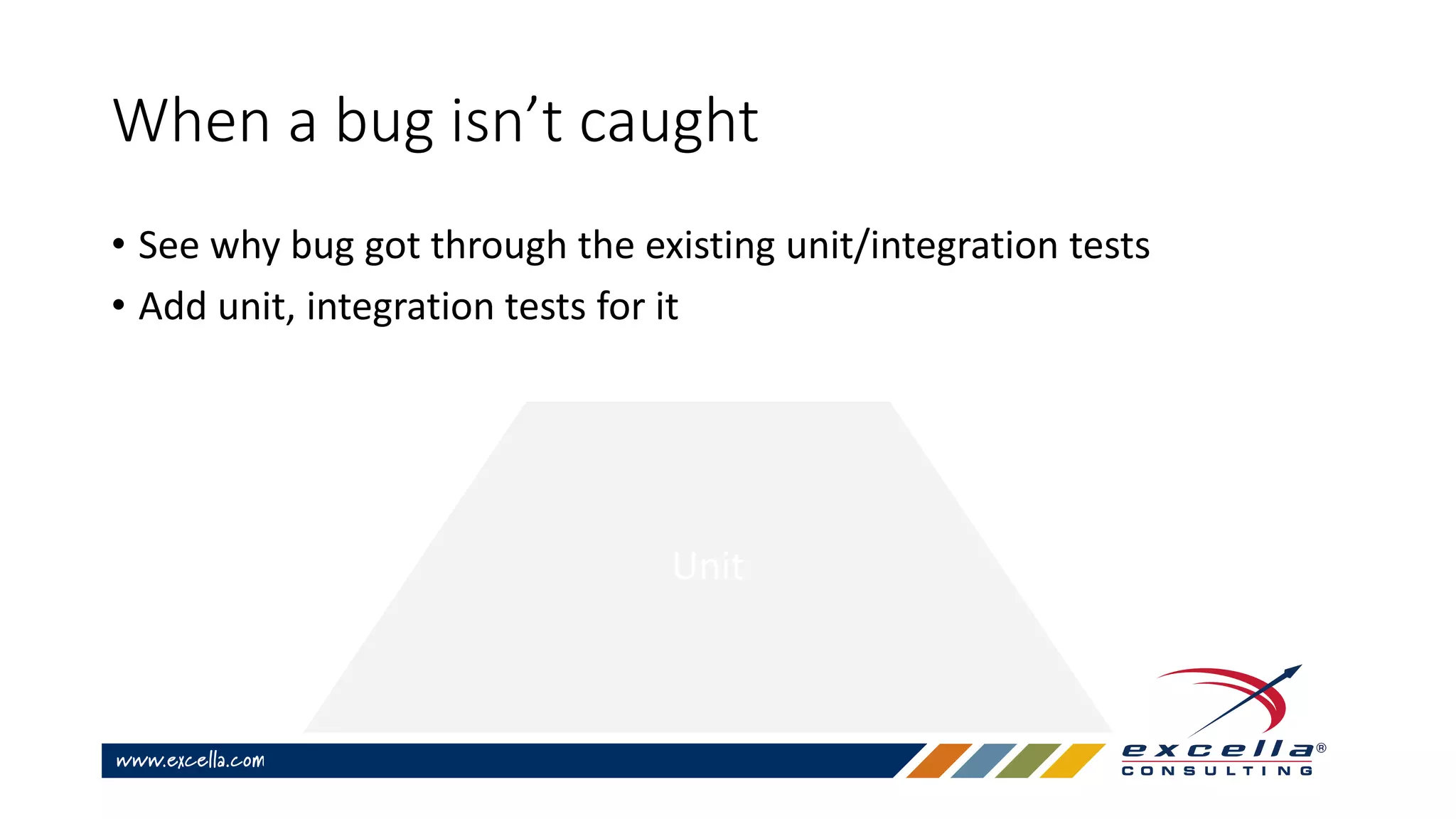 When a bug isn’t caught
• See why bug got through the existing unit/integration tests
• Add unit, integration tests for it
Unit
 