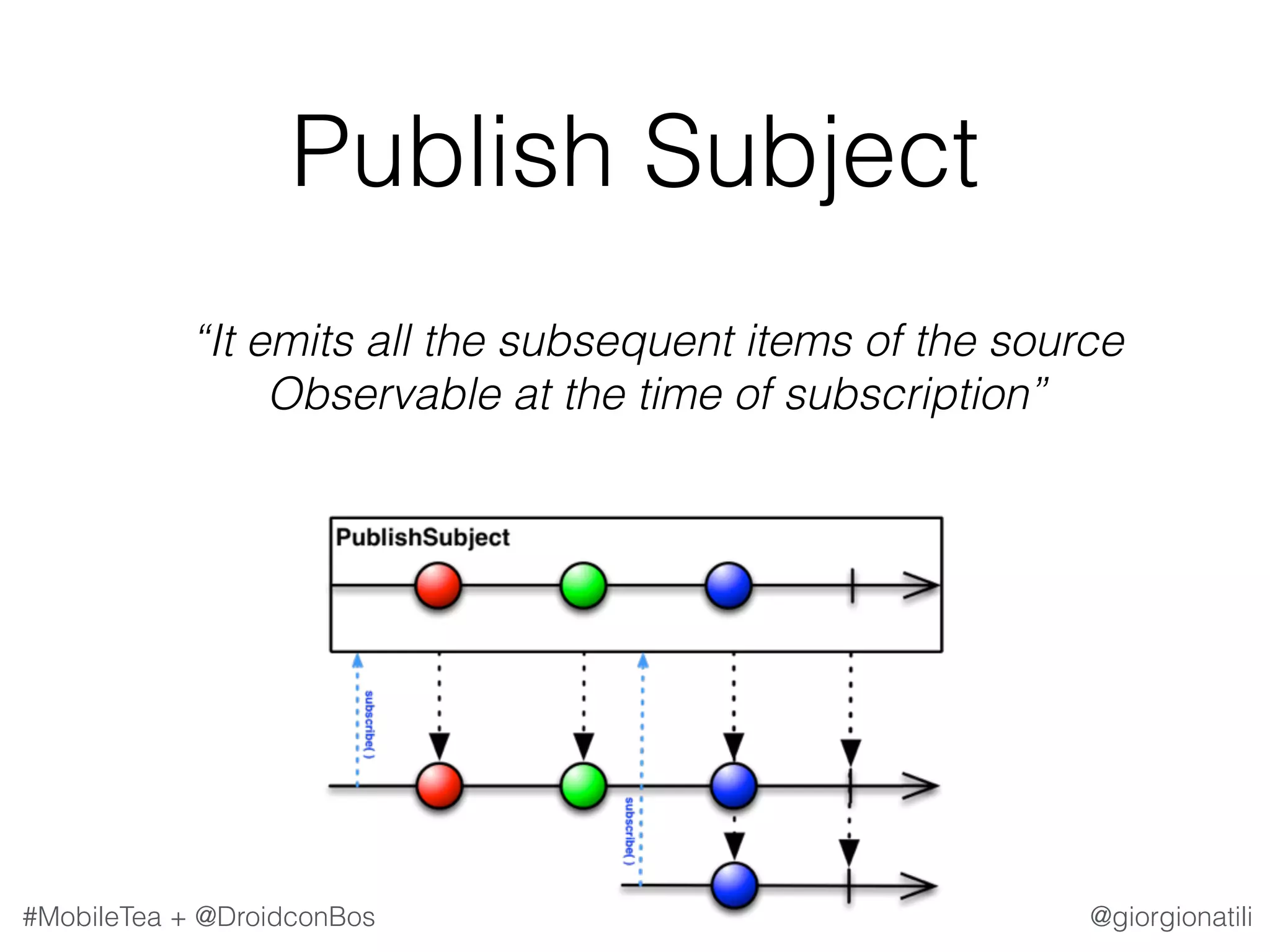@giorgionatili#MobileTea + @DroidconBos Publish Subject   “It emits all the subsequent items of the source Observable at the time of subscription” 