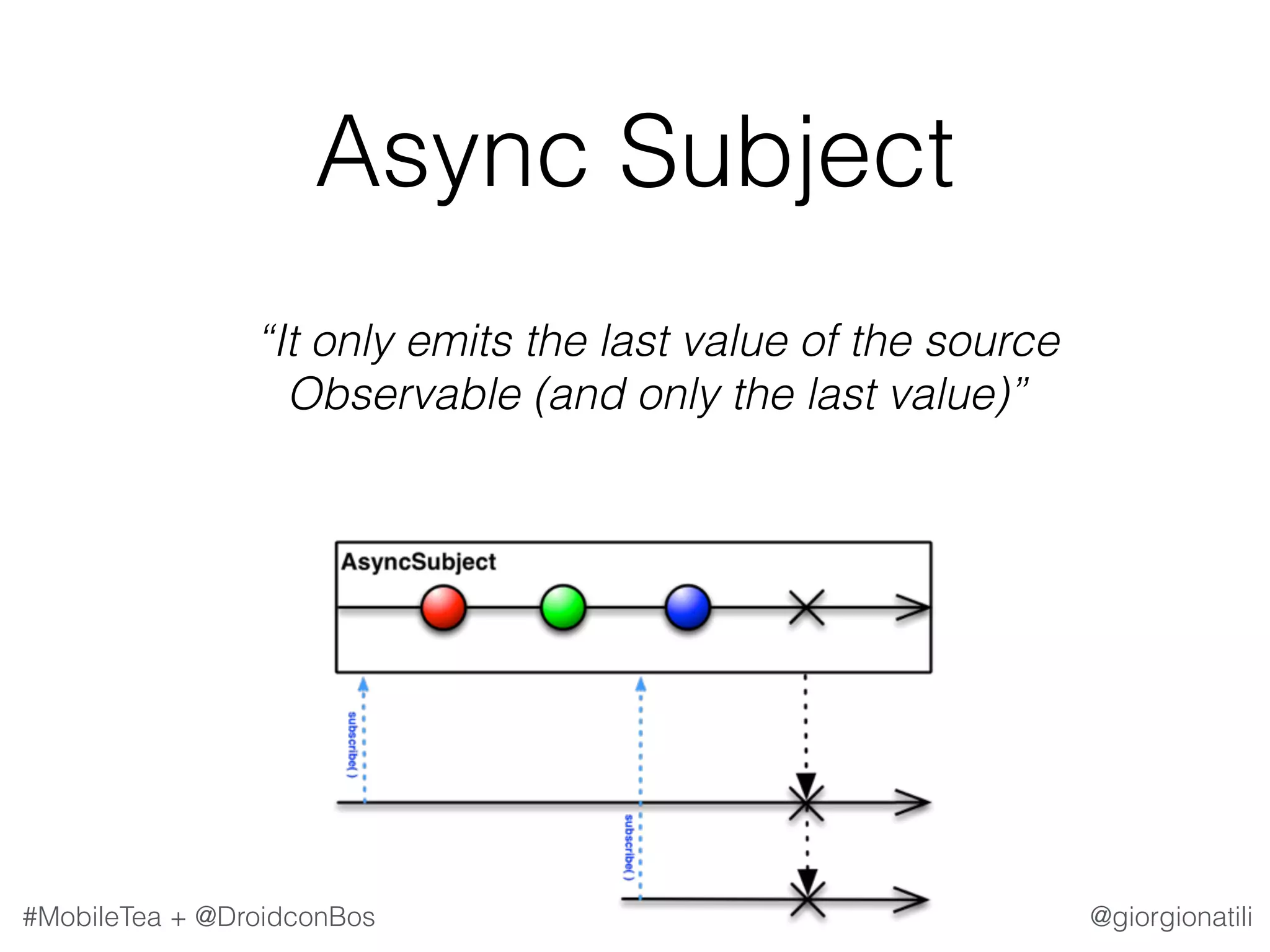 @giorgionatili#MobileTea + @DroidconBos Async Subject   “It only emits the last value of the source Observable (and only the last value)” 