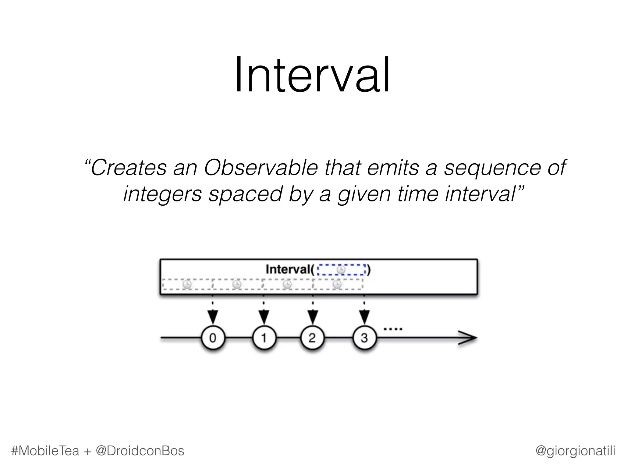 @giorgionatili#MobileTea + @DroidconBos Interval   “Creates an Observable that emits a sequence of integers spaced by a given time interval” 