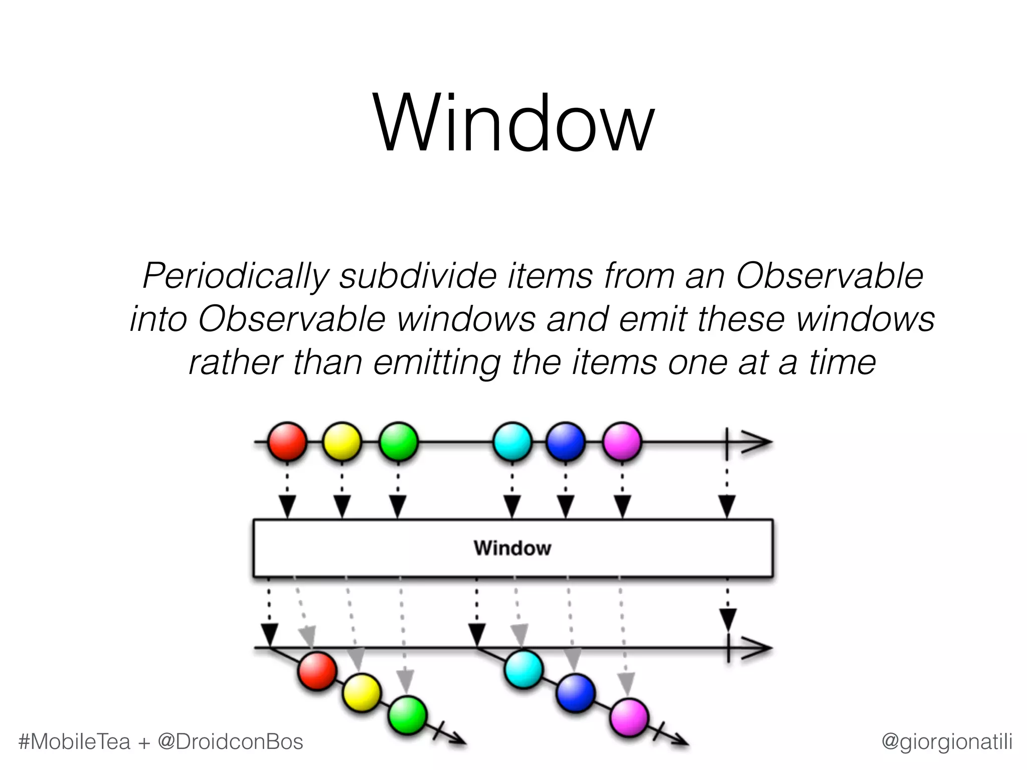 @giorgionatili#MobileTea + @DroidconBos Window   Periodically subdivide items from an Observable into Observable windows and emit these windows rather than emitting the items one at a time 
