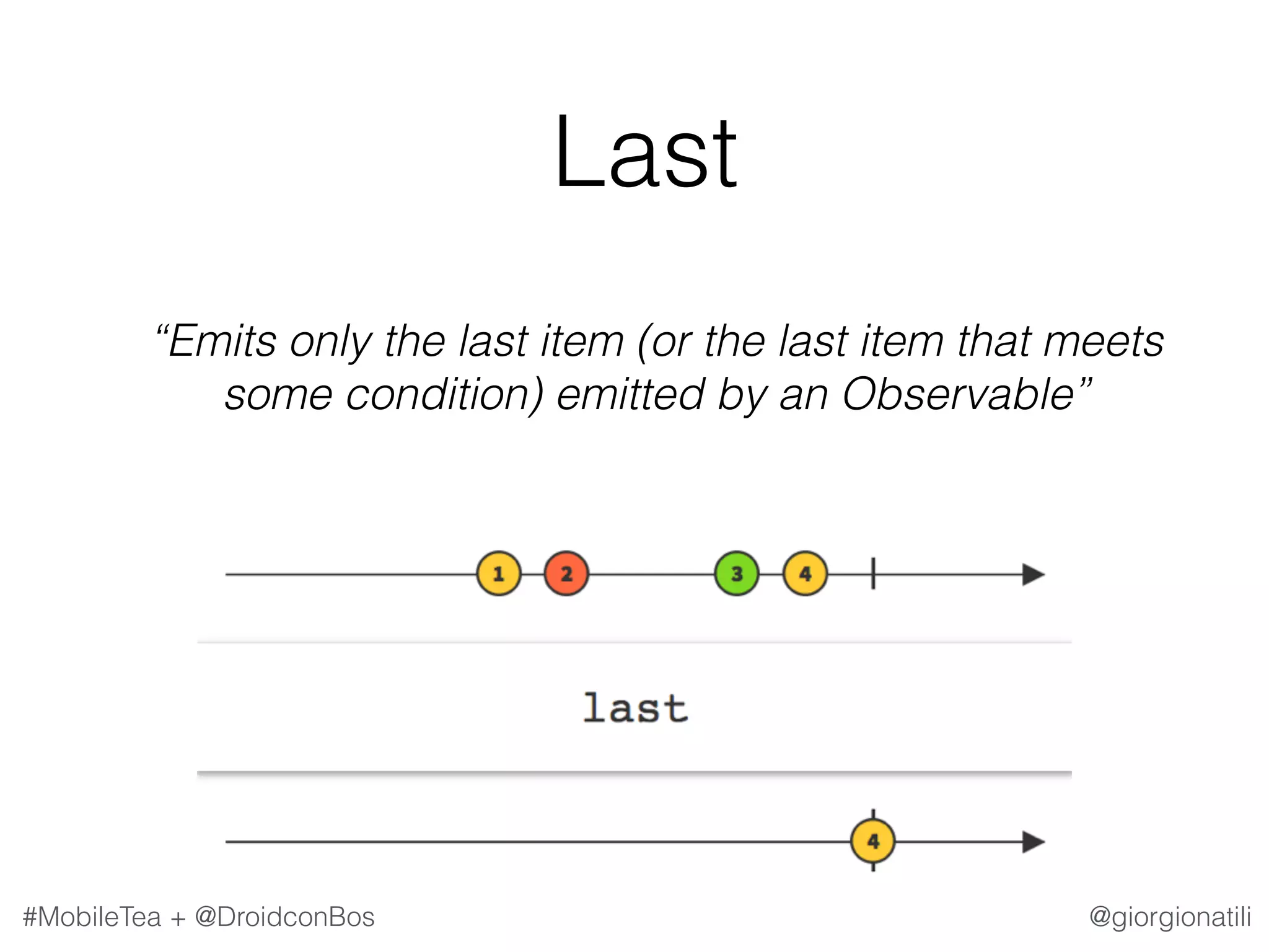 @giorgionatili#MobileTea + @DroidconBos Last   “Emits only the last item (or the last item that meets some condition) emitted by an Observable” 