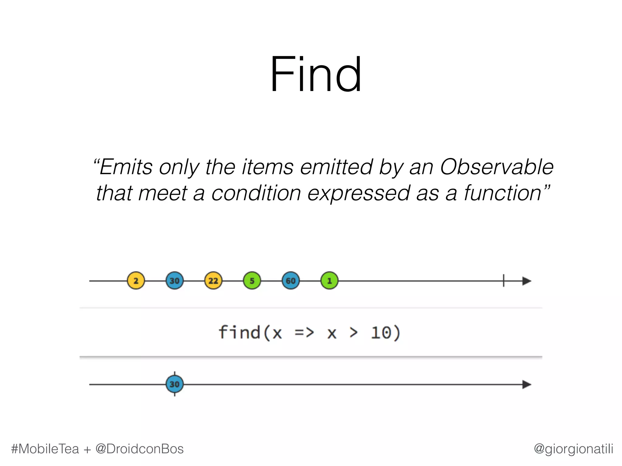@giorgionatili#MobileTea + @DroidconBos Find   “Emits only the items emitted by an Observable that meet a condition expressed as a function” 