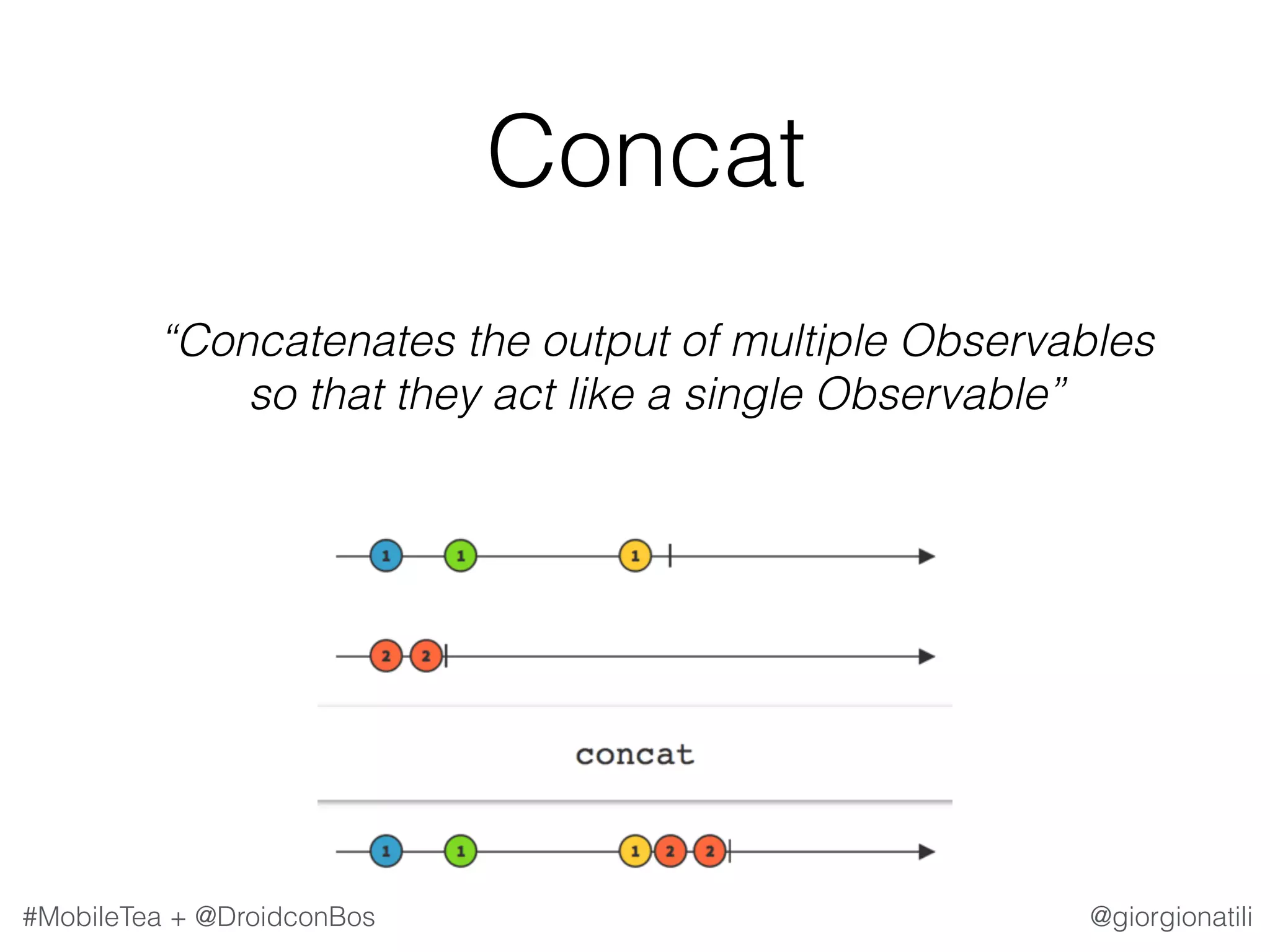 @giorgionatili#MobileTea + @DroidconBos Concat   “Concatenates the output of multiple Observables so that they act like a single Observable” 