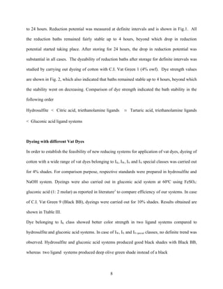 to 24 hours. Reduction potential was measured at definite intervals and is shown in Fig.1. All

the reduction baths remained fairly stable up to 4 hours, beyond which drop in reduction

potential started taking place. After storing for 24 hours, the drop in reduction potential was

substantial in all cases. The dyeability of reduction baths after storage for definite intervals was

studied by carrying out dyeing of cotton with C.I. Vat Green 1 (4% owf). Dye strength values

are shown in Fig. 2, which also indicated that baths remained stable up to 4 hours, beyond which

the stability went on decreasing. Comparison of dye strength indicated the bath stability in the

following order

Hydrosulfite < Citric acid, triethanolamine ligands       ≃ Tartaric acid, triethanolamine ligands

< Gluconic acid ligand systems



Dyeing with different Vat Dyes

In order to establish the feasibility of new reducing systems for application of vat dyes, dyeing of

cotton with a wide range of vat dyes belonging to I K, IW, IN and IN special classes was carried out

for 4% shades. For comparison purpose, respective standards were prepared in hydrosulfite and

NaOH system. Dyeings were also carried out in gluconic acid system at 60oC using FeSO4:

gluconic acid (1: 2 molar) as reported in literature5 to compare efficiency of our systems. In case

of C.I. Vat Green 9 (Black BB), dyeings were carried out for 10% shades. Results obtained are

shown in Ttable III.

Dye belonging to IK class showed better color strength in two ligand systems compared to

hydrosulfite and gluconic acid systems. In case of IW, IN and IN special classes, no definite trend was

observed. Hydrosulfite and gluconic acid systems produced good black shades with Black BB,

whereas two ligand systems produced deep olive green shade instead of a black



                                                  8
 