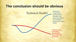 The conclusion should be obvious
Short-term
investment in
technical debt
reduction and
prevention allows
for increased
productivity in the
future
Technical debt
just keeps
accumulating.
Our productivity
plummets.
D
Technical Health!
 