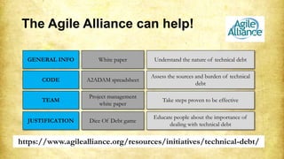 The Agile Alliance can help!
https://www.agilealliance.org/resources/initiatives/technical-debt/
GENERAL INFO White paper
CODE A2ADAM spreadsheet
TEAM
Project management
white paper
JUSTIFICATION Dice Of Debt game
Understand the nature of technical debt
Assess the sources and burden of technical
debt
Take steps proven to be effective
Educate people about the importance of
dealing with technical debt
 