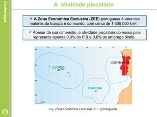 A atividade piscatória
Fig. Zona Económica Exclusiva (ZEE) portuguesa
 A Zona Económica Exclusiva (ZEE) portuguesa é uma das
maiores da Europa e do mundo, com cerca de 1 600 000 km².
 Apesar da sua dimensão, a atividade piscatória do nosso país
representa apenas 0,3% do PIB e 0,6% do emprego direto.
 