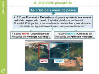 A atividade piscatória
NAFO NEAFC
As principais áreas de pesca:
 A Zona Económica Exclusiva portuguesa apresenta um volume
reduzido de pescado, devido à estreita plataforma continental.
Como tal, Portugal tem a necessidade de desenvolver a sua atividade
piscatória em águas internacionais, das quais se destacam:
• a zona NAFO (Organização das
Pescarias do Noroeste Atlântico);
• a zona NEAFC (Comissão de
Pescarias do Atlântico Nordeste).
 